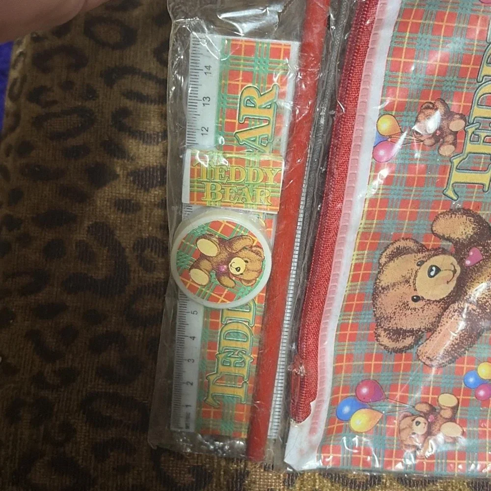 Teddy Bear School Kit Set Pencil Case Eraser Ruler Sharpener NOS‎ 1980s VTG